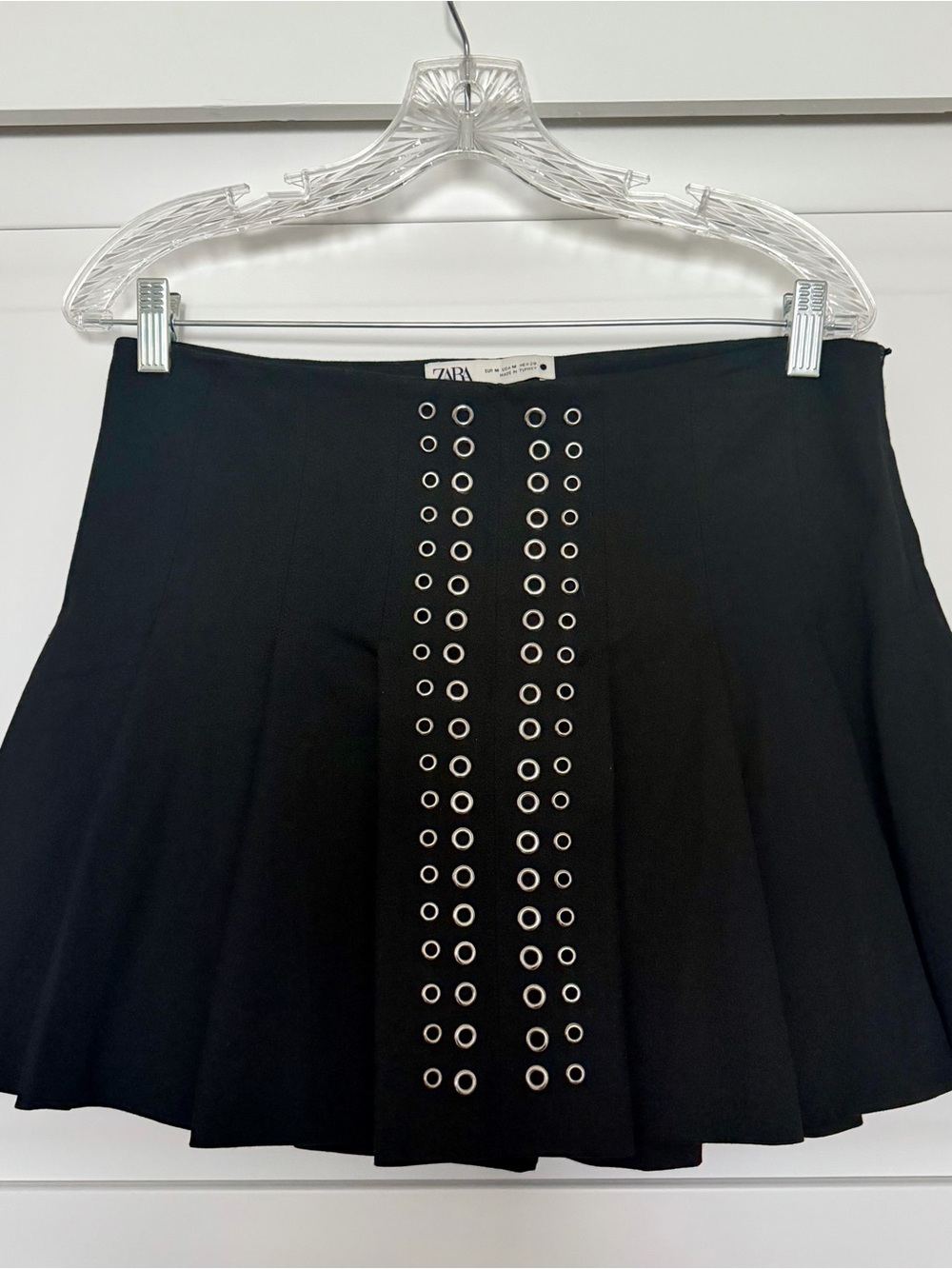 Zara Black Skater Mini Skirt with Silver Eyelet Columns